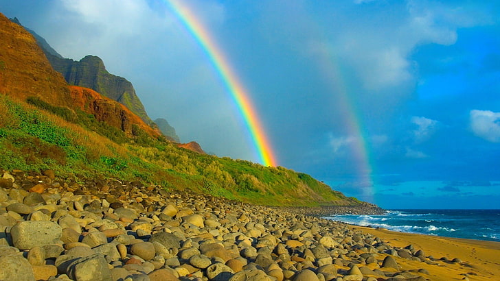 Earth, Rainbow, Beach, Coast, Ocean, Sea, HD wallpaper | Wallpaperbetter