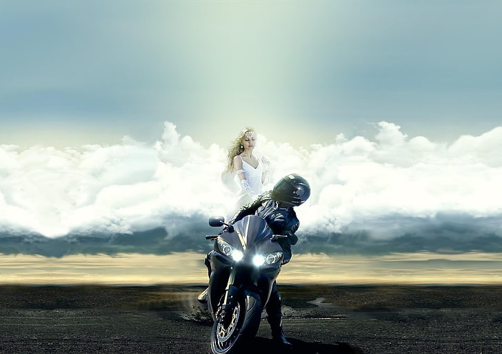 moto esportiva preta, motociclista, anjo da guarda, nuvens, HD papel de parede