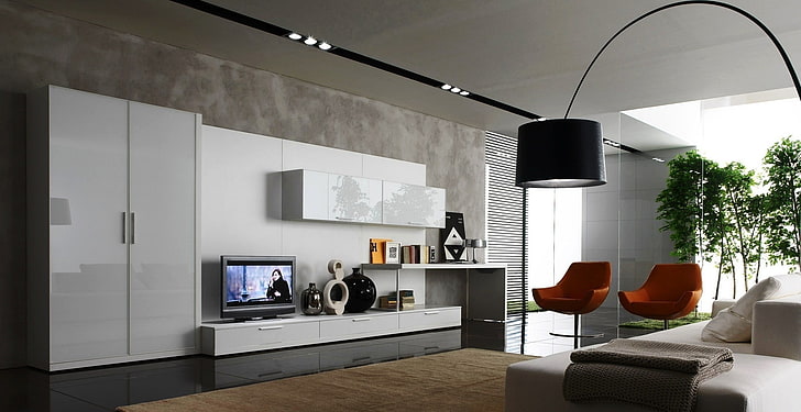TV-rack i vitt och svart trä, vardagsrum, modernt, design, inredningsdesign, möbler, soffa, tv, HD tapet