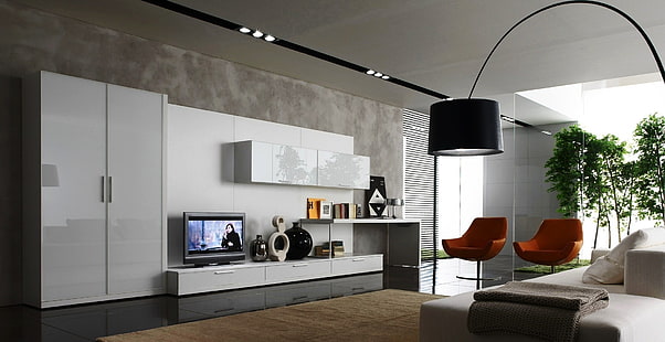 estante de TV de madera blanco y negro, sala de estar, moderno, diseño, diseño de interiores, muebles, sofá, televisión, Fondo de pantalla HD HD wallpaper