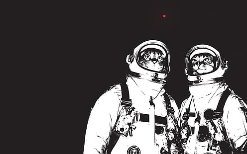 two astronaut cats illustration, astronaut, kittens, minimalism, cat, space suit, HD wallpaper HD wallpaper
