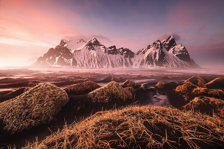 山、Vestrahorn、アイスランド、4K、 HDデスクトップの壁紙