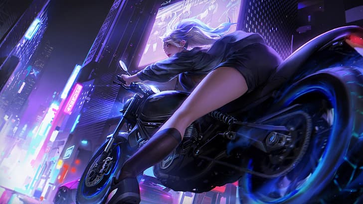women, city, legs, motorcycle, vehicle, women with motorcycles, artwork, HD wallpaper