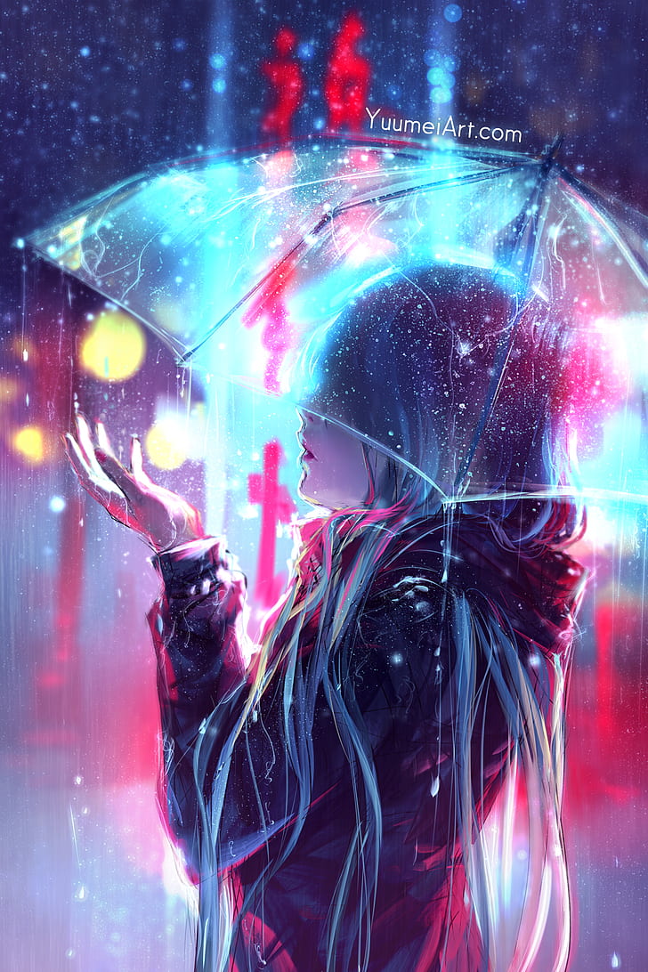 Yuumei, gadis anime, payung, hujan, rambut panjang, lampu kota, karya seni, seni digital, menggambar, vertikal, Wallpaper HD, wallpaper seluler