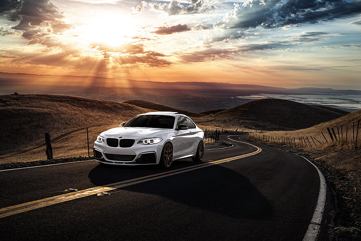 white BMW M4 coupe, BMW, Car, Front, Sunset, Sunrise, Mountains, Road, Wheels, Before, M235i, Garde, San Jose, HD wallpaper