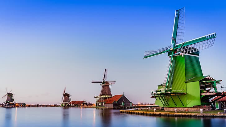 paysage, ciel, maison, eau, lumières, moulin à vent, Pays-Bas, Fond d'écran HD