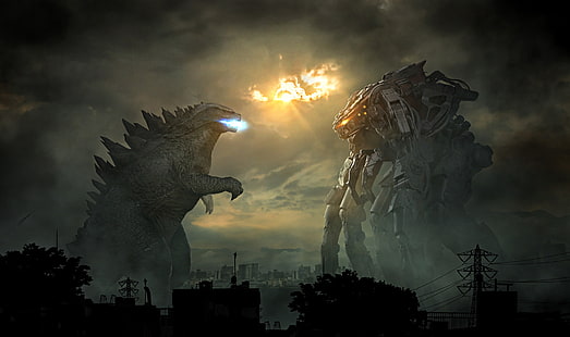 Kreatur, Godzilla, Kaiju, Mech, Joseph Diaz, Schlacht, Science Fiction, Fan Art, HD-Hintergrundbild HD wallpaper
