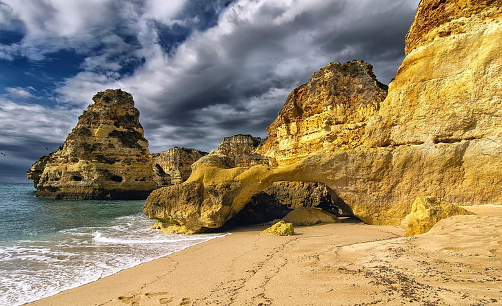 Marinha Beach Portugal, beige and gray rock formation, Europe, Portugal, HD wallpaper