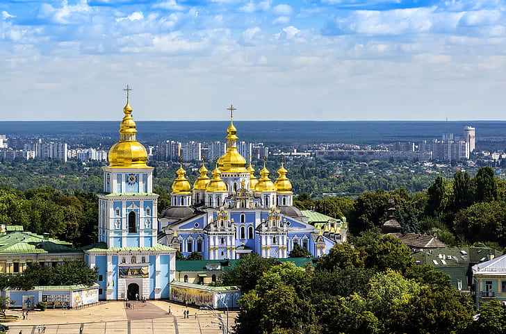 Ukraine, Kiev, St. Michaels Cathedral, Ukraine, Kiev, St. Michaels Cathedral, the monastery, the bell tower, view, houses, trees, sky, HD wallpaper