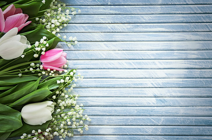 flowers, spring, tulips, lilies of the valley, wood, HD wallpaper