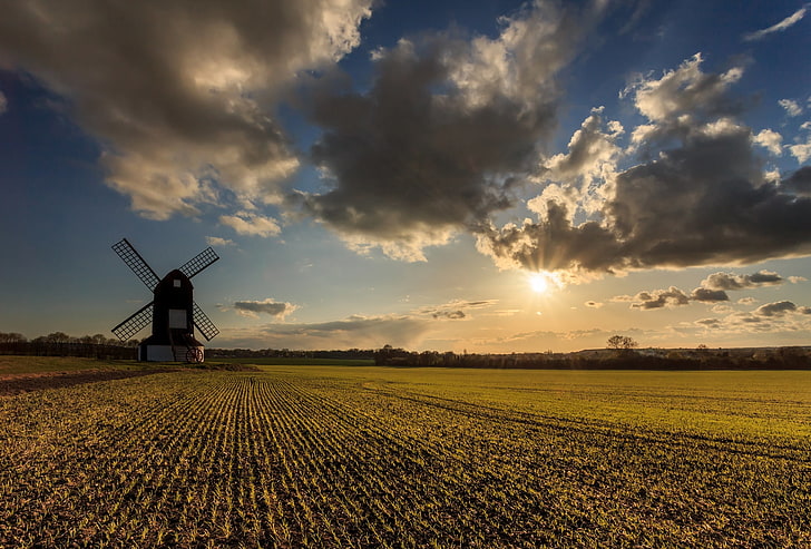 brown and white windmill, mill, field, sun, clouds, HD wallpaper