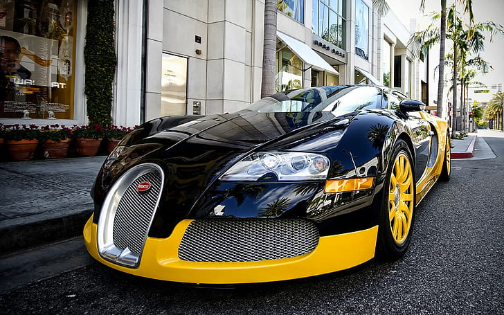 Суперавтомобил Bugatti Veyron, черно и жълто купе, 2014 г., Veyron, Bugatti, Bugatti Veyron суперавтомобил, HD тапет