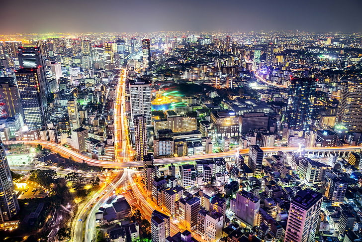 Cities, Tokyo, Aerial, Building, City, Cityscape, Horizon, Japan, Light, Night, Road, Time-Lapse, HD wallpaper