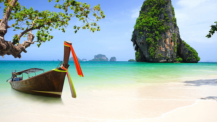 canoa de madera marrón, paisaje, playa, barco, roca, isla, Fondo de pantalla HD