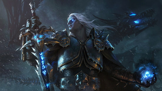 białowłosy mężczyzna z postacią z anime tapety, World of Warcraft, Lich King, Arthas Menethil, smok, World of Warcraft: Wrath of the Lich King, gry wideo, Tapety HD HD wallpaper