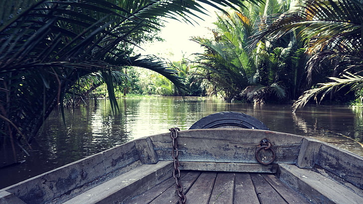 лодка, делта, меконг, палма, река, сайгон, вода, HD тапет