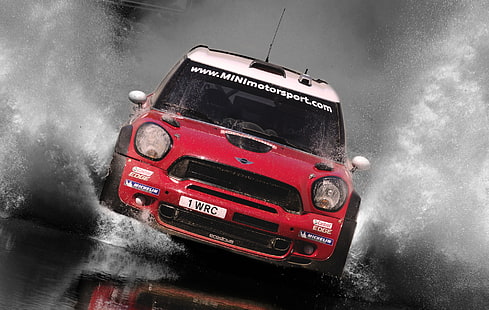 water, race cars, Rally, Mini Cooper, racing, car, vehicle, red cars, HD wallpaper HD wallpaper