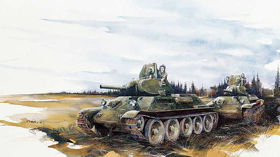 2つの緑の戦車の図、図、アート、タンク、ソビエト、平均、鉛筆、T-34-76、WW2。、ストローク、1940、OBR、水彩画、 HDデスクトップの壁紙 HD wallpaper