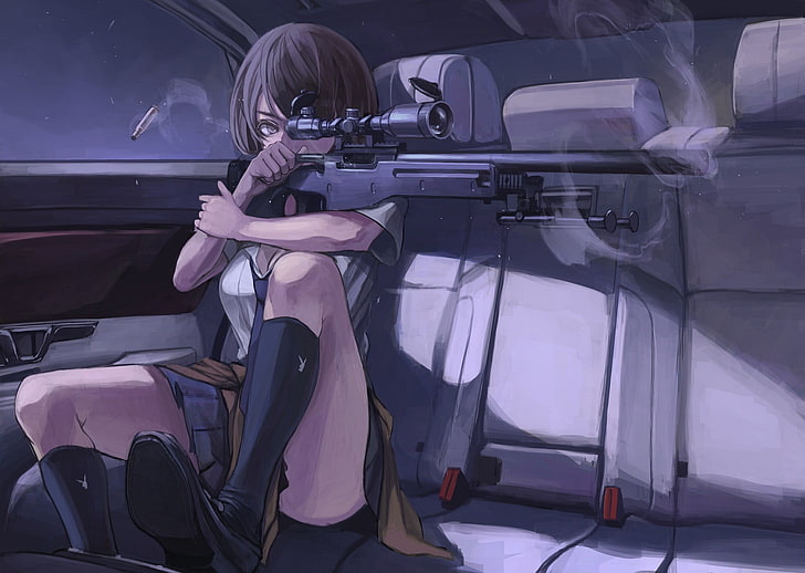 cabelo curto, anime, meninas anime, rifle sniper, arma, koh, HD papel de parede