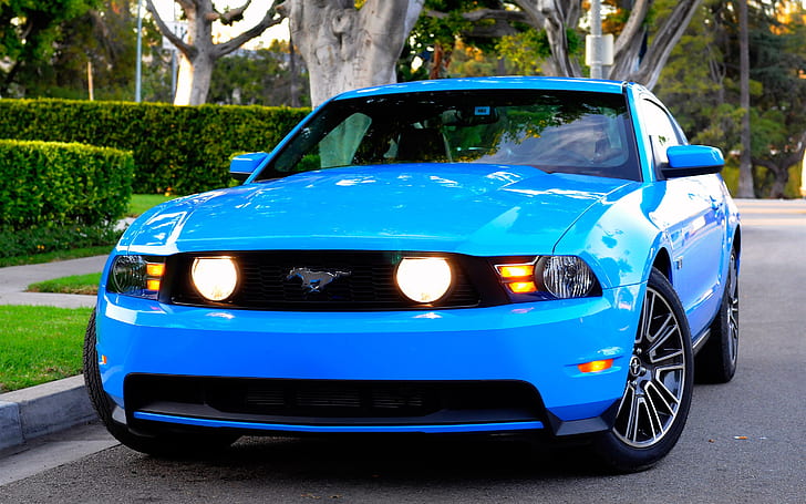 フォードマスタングGT青い車のフロントビュー、フォード、マスタング、GT、青、車、フロント、ビュー、 HDデスクトップの壁紙