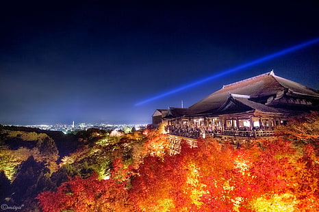 Храмове, Осветление, Япония, Кийомизу-Дера, Киото, Нощ, Храм, HD тапет HD wallpaper