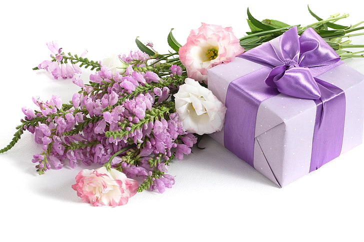 фиолетовые и розовые цветы, цветы, букеты, подарок, сюрприз, HD обои