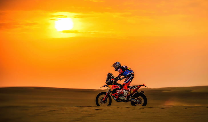 Sonnenuntergang, Die Sonne, Sport, Geschwindigkeit, Motorrad, Rennfahrer, Moto, KTM, Fahrrad, Rallye, Dakar, Motorrad, HD-Hintergrundbild