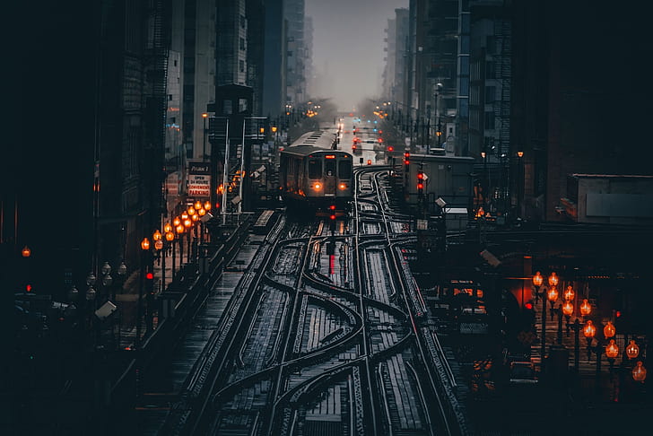 light, the city, lights, the darkness, train, morning, Chicago, USA, HD wallpaper