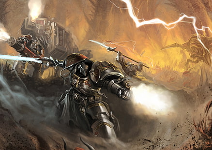 человек, носящий доспехи цифровые обои, Окита, Warhammer 40K, космические десантники, робот, оружие, меч, молния, HD обои HD wallpaper