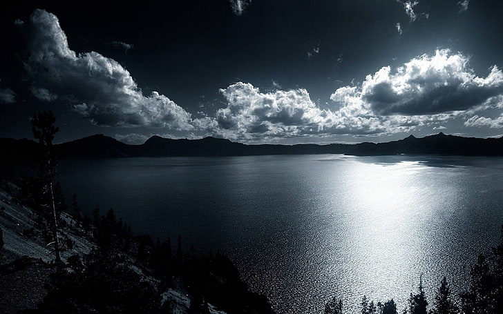 природа, темно, озеро, холмы, монохромный, HD обои