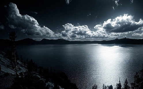 الطبيعة ، الظلام ، البحيرة ، التلال ، أحادية اللون، خلفية HD HD wallpaper