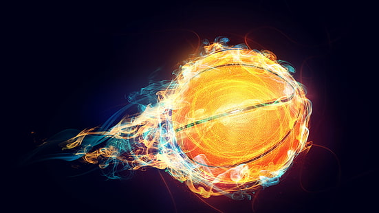 баскетбол, огън, пламък, топка, 8k uhd, 8k, сфера, тъмнина, HD тапет HD wallpaper