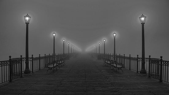 dark, monochrome, lights, dark way, fog, benches, romantic, bench, black and white, twilight, mist, pier, street light, HD wallpaper HD wallpaper