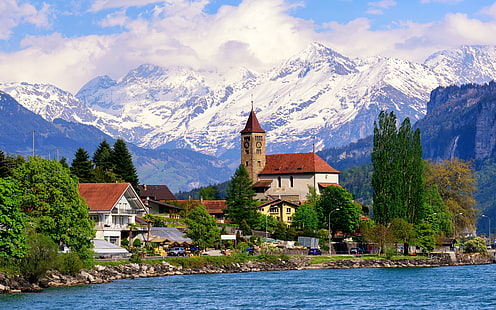 Brienz Village In Svizzera Case Lago Montagne Innevate Paesaggio Fotografia Hd Sfondi Per Desktop Android Telefoni E Tablet 5200 × 3250, Sfondo HD HD wallpaper