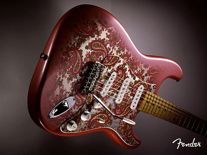 Cool Fender, szaro-czerwona gitara elektryczna paisley, muzyka, gitara, Tapety HD HD wallpaper
