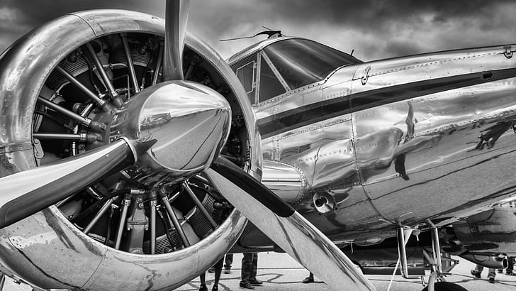 airplane, vintage, old, monochrome, vehicle, reflection, chrome, gray, planes, HD wallpaper
