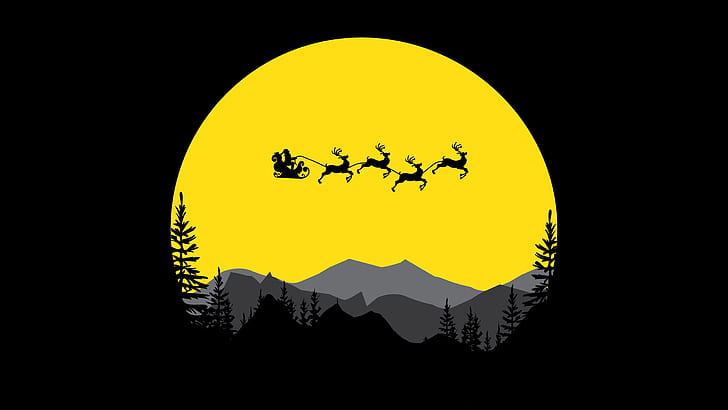 Holiday, Christmas, Black, Minimalist, Reindeer, Santa, Silhouette, Sleigh, HD wallpaper