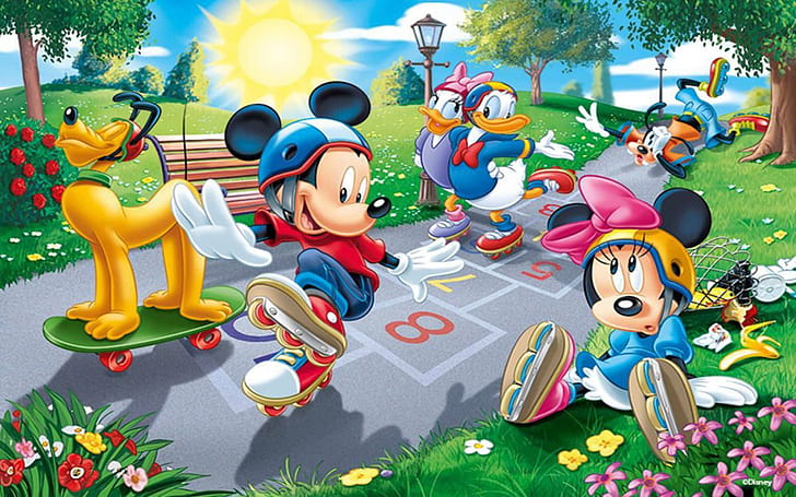 Driving On Rollers Mickey Donald Minnie Daisy Goofy And Pluto Photo Wallpaper Hd 2560×1600, HD wallpaper