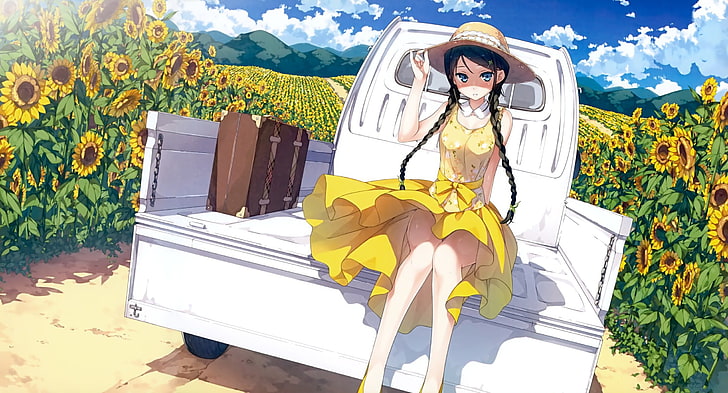 female anime character wearing yellow dress, sunflowers, twintails, clouds, Miyaguchi Hiromi, anime girls, original characters, Kantoku, Afterschool of the 5th year, yellow dress, HD wallpaper