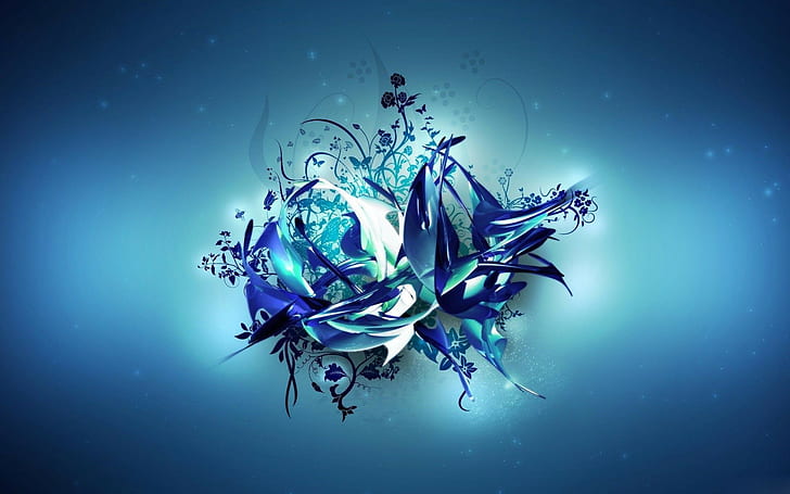 seni digital, abstrak, CGI, kupu-kupu, bunga, latar belakang biru, Wallpaper HD