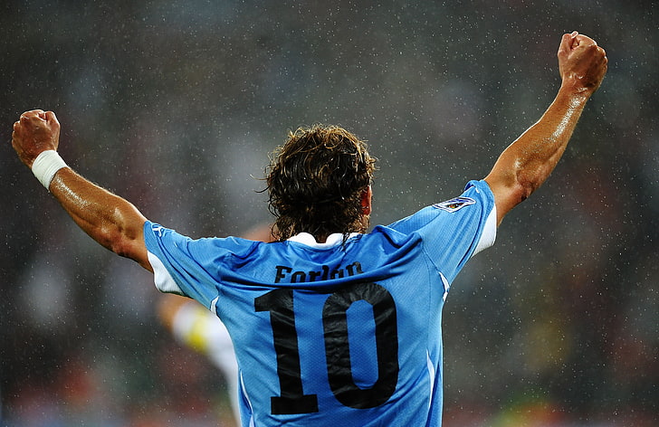 men's blue, black, and white jersey, football, world Cup 2010, Uruguay, Diego Forlan, HD wallpaper