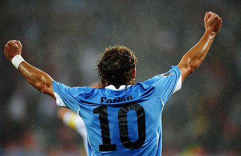 Herren Trikot blau, schwarz und weiß, Fußball, WM 2010, Uruguay, Diego Forlan, HD-Hintergrundbild HD wallpaper