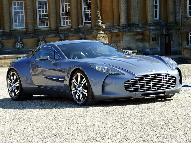 silver Chrysler sports coupe, aston martin, one-77, 2009, blue, front view, style, building, HD wallpaper