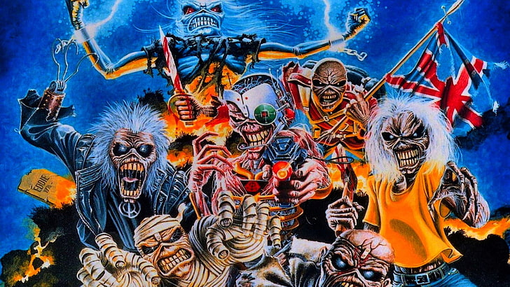 zombies illustration, Iron Maiden, music, heavy metal, metal music, artwork, Eddie, band mascot, HD wallpaper