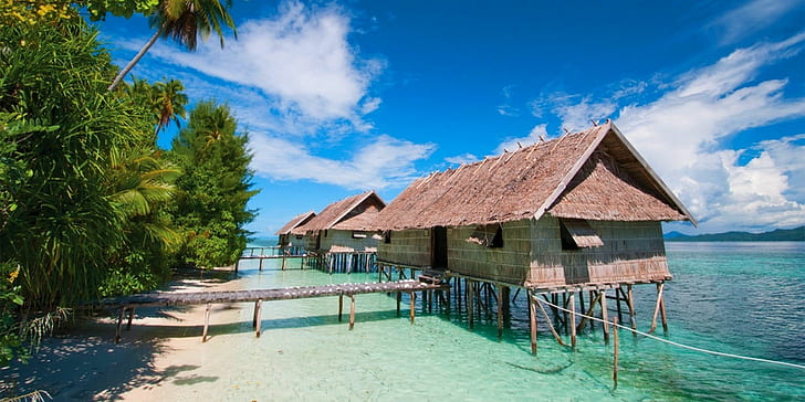natureza água cabine mergulho praia palmeiras paisagem papua nova guiné mar tropical ilha nuvens, HD papel de parede