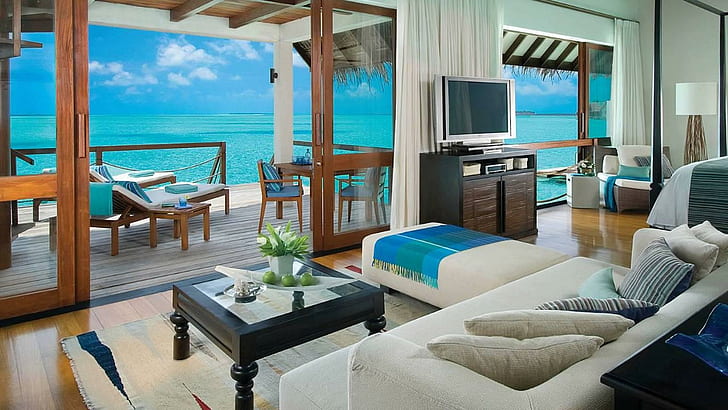 Wewnątrz Water Bungalow Four Seasons Maldives, zestaw sof z białej tkaniny - czarny drewniany ekspres do kawy i brązowa i czarna drewniana komoda, plaża, wyspa, prywatna, kurort, atol, laguna, hotel, raj, luksus, pokój, Malediwy, Tapety HD