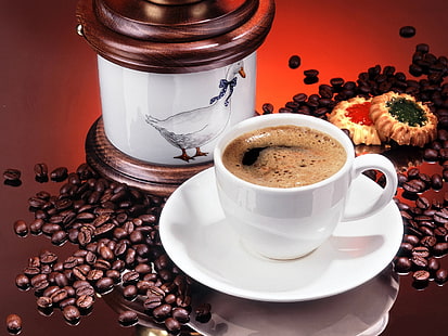 xícara de cerâmica branca, grãos de café, café, xícara, bebida, HD papel de parede HD wallpaper