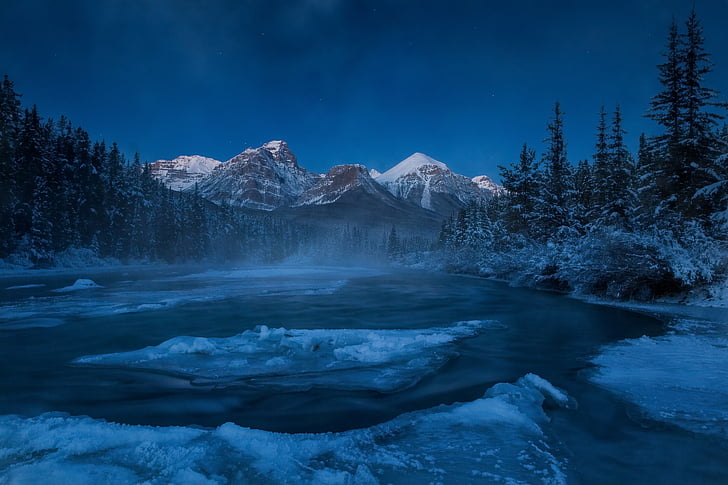 alberta, kanada, mengapung, hutan, es, gunung, gunung, sungai, berbatu, musim dingin, Wallpaper HD