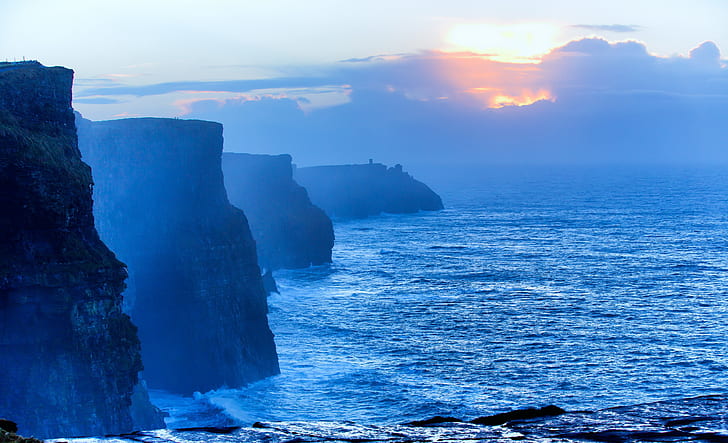 скала, небе, море, природа, скали на Мохер, Ирландия, крайбрежие, синьо, HD тапет