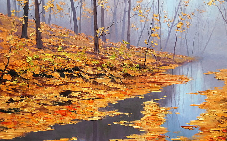drzewo o pomarańczowych liściach, fotografia krajobrazu rzeki i drzew, dzieło sztuki, przyroda, jesień, liście, kałuża, Graham Gercken, Tapety HD